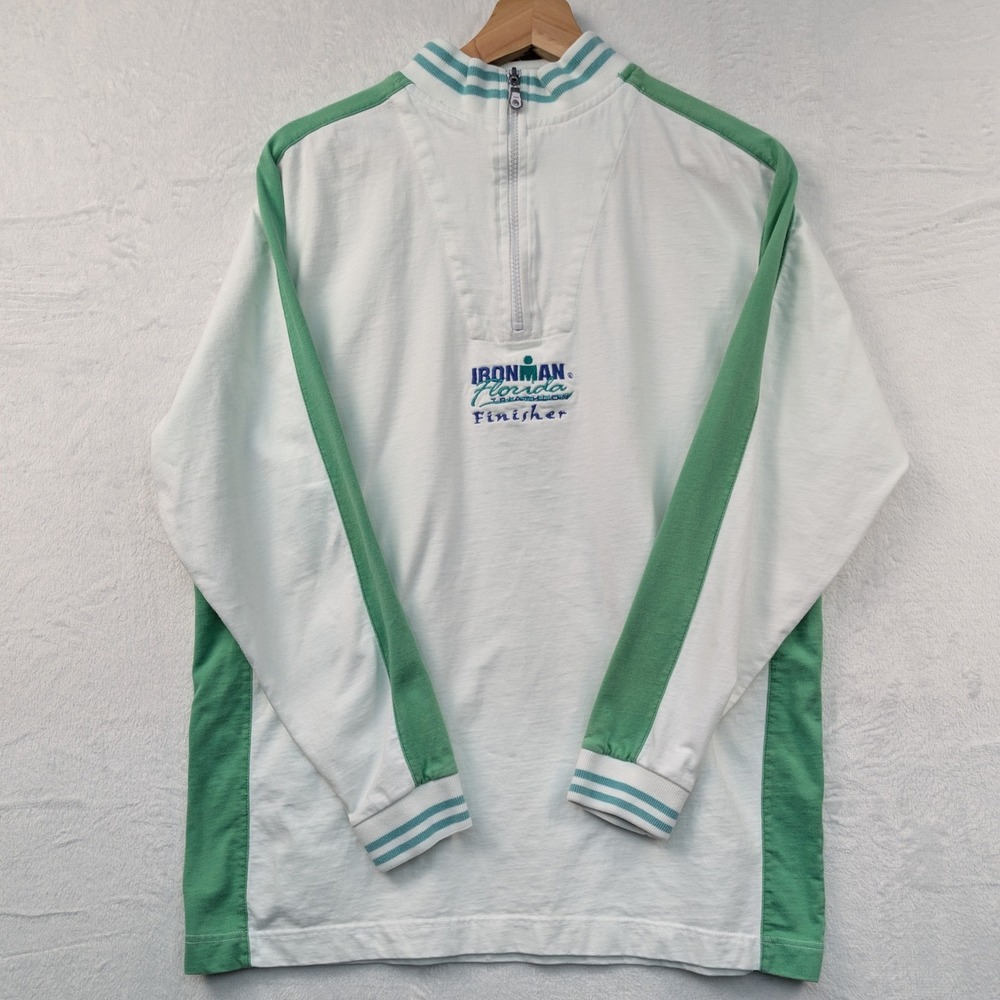 VTG Ironman Triathlon Sweatshirt Mens M White Quarter Zip Stripe Pullover 90s